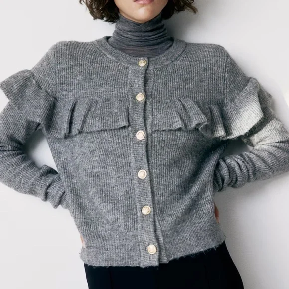Grey Ruffled Button-Up Sweater - Picture 1 of 4